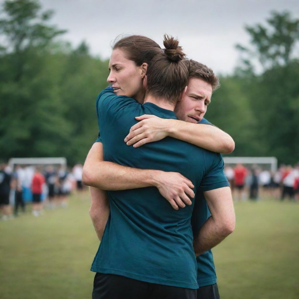 A strong person compassionately carries their exhausted teammate across their shoulder, in a display of solidarity and teamwork.