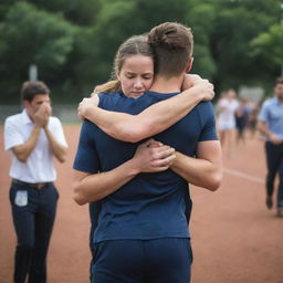 A strong person compassionately carries their exhausted teammate across their shoulder, in a display of solidarity and teamwork.