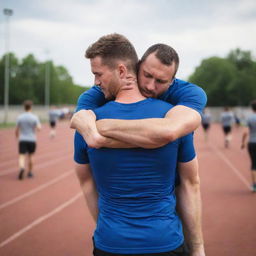 A strong person compassionately carries their exhausted teammate across their shoulder, in a display of solidarity and teamwork.