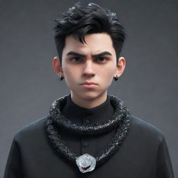 A 3D animated boy showing an angry countenance, clothed in black aesthetic attire, sporting frosty ice earrings and a crystalline ice snake coiled around his neck.