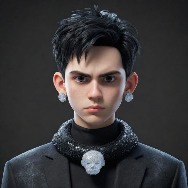 A 3D animated boy showing an angry countenance, clothed in black aesthetic attire, sporting frosty ice earrings and a crystalline ice snake coiled around his neck.