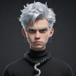 A 3D animated boy showing an angry countenance, clothed in black aesthetic attire, sporting frosty ice earrings and a crystalline ice snake coiled around his neck.