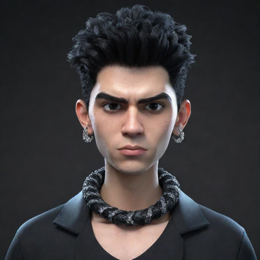 A 3D animated boy showing an angry countenance, clothed in black aesthetic attire, sporting frosty ice earrings and a crystalline ice snake coiled around his neck.