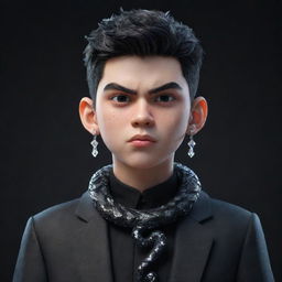 A 3D animated boy with an angry expression, donned in black aesthetic attire, showcases icy earrings and a snake made of shimmering ice coiled around his neck.