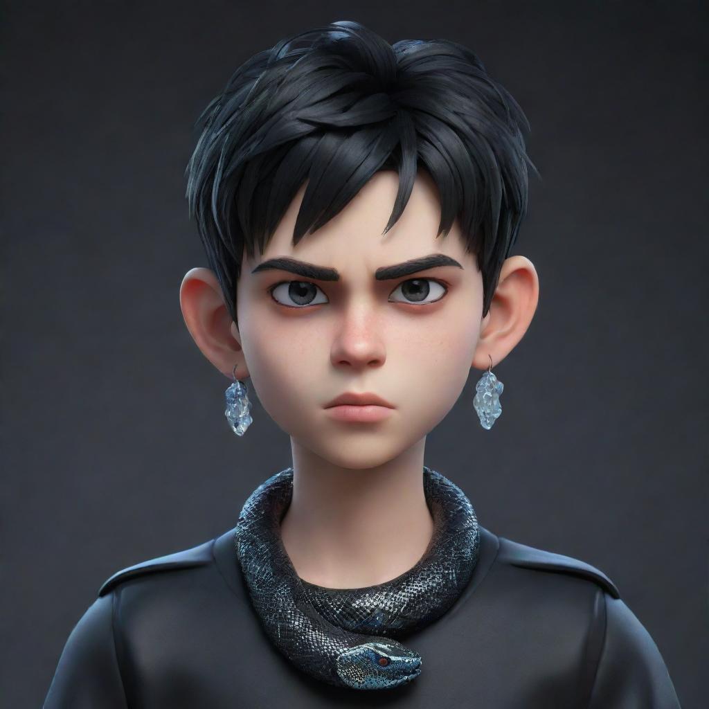 A 3D animated boy with an angry expression, donned in black aesthetic attire, showcases icy earrings and a snake made of shimmering ice coiled around his neck.