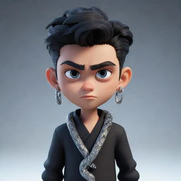 A 3D animated boy with an angry expression, donned in black aesthetic attire, showcases icy earrings and a snake made of shimmering ice coiled around his neck.