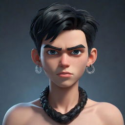 A 3D animated boy with an angry expression, donned in black aesthetic attire, showcases icy earrings and a snake made of shimmering ice coiled around his neck.