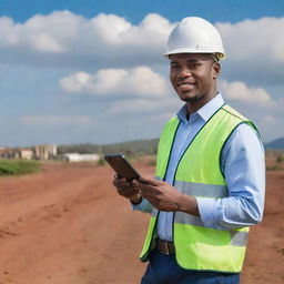 Create a professional background image for a Whatsapp Business account, capturing the essence of an Engineering service company situated in Eswatini featuring prominent engineering tools and the Eswatini landscape.