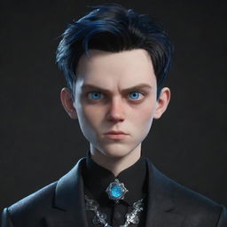 A 3D animated boy with an angry face, clothed in black aesthetic garments, flaunts piercing blue eyes and a serpentine ornament made of ice wrapped around his neck.