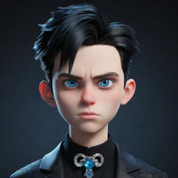 A 3D animated boy with an angry face, clothed in black aesthetic garments, flaunts piercing blue eyes and a serpentine ornament made of ice wrapped around his neck.