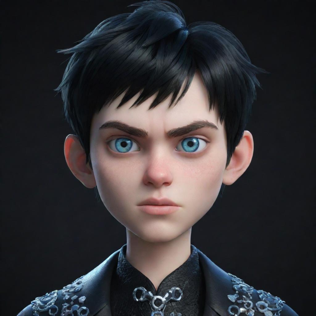 A 3D animated boy with an angry face, clothed in black aesthetic garments, flaunts piercing blue eyes and a serpentine ornament made of ice wrapped around his neck.