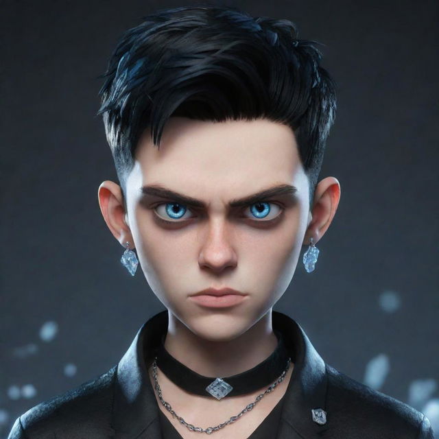 A 3D animated boy with an angry face, clothed in black aesthetic garments, flaunts piercing blue eyes and a serpentine ornament made of ice wrapped around his neck.