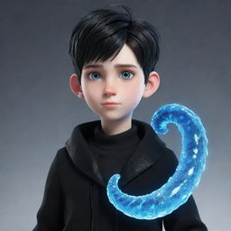 A 3D animated boy, clad in black aesthetic attire, with striking blue eyes, and a glittering ice snake coiled around his neck.