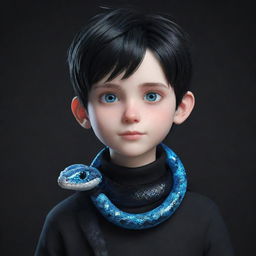 A 3D animated boy, clad in black aesthetic attire, with striking blue eyes, and a glittering ice snake coiled around his neck.