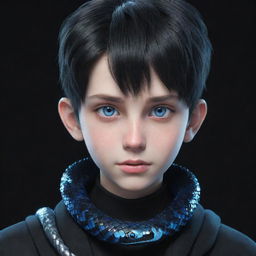 A 3D animated boy, clad in black aesthetic attire, with striking blue eyes, and a glittering ice snake coiled around his neck.