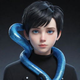 A 3D animated boy, clad in black aesthetic attire, with striking blue eyes, and a glittering ice snake coiled around his neck.