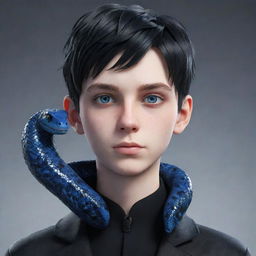 A 3D animated representation of a teenage boy, decked in black aesthetic outfit, showcasing deep blue eyes, with an intricately designed snake made of ice resting on his neck.