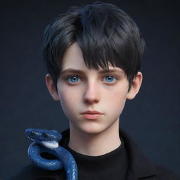 A 3D animated representation of a teenage boy, decked in black aesthetic outfit, showcasing deep blue eyes, with an intricately designed snake made of ice resting on his neck.