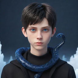 A 3D animated representation of a teenage boy, decked in black aesthetic outfit, showcasing deep blue eyes, with an intricately designed snake made of ice resting on his neck.