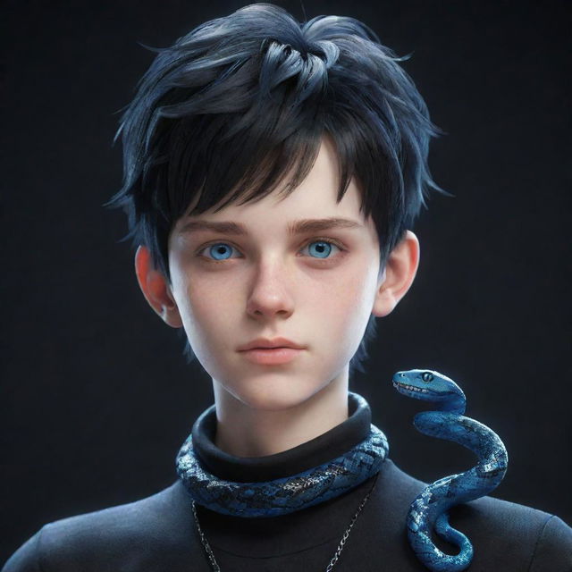 A 3D animated representation of a teenage boy, decked in black aesthetic outfit, showcasing deep blue eyes, with an intricately designed snake made of ice resting on his neck.