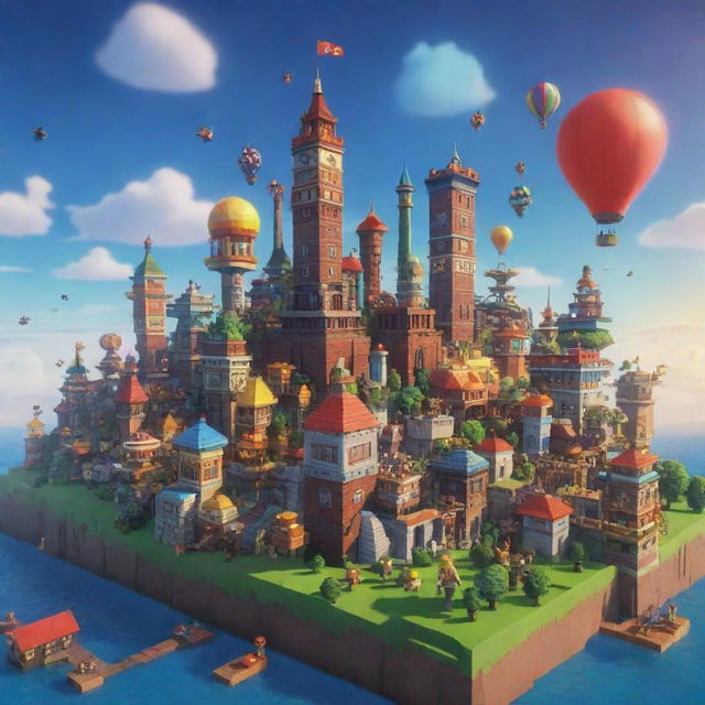 A vibrant and playful 3D snapshot of the Roblox universe filled with unique characters, imaginative structures, and a backdrop of an animated sky.