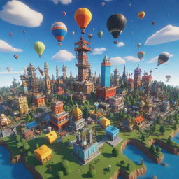 A vibrant and playful 3D snapshot of the Roblox universe filled with unique characters, imaginative structures, and a backdrop of an animated sky.