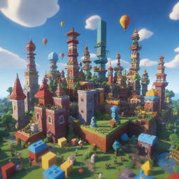 A vibrant and playful 3D snapshot of the Roblox universe filled with unique characters, imaginative structures, and a backdrop of an animated sky.