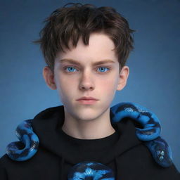 A 3D render of a serious teenage boy in an animated style, dressed in black aesthetic attire, with intense blue eyes and an ice snake spiralling around his neck.