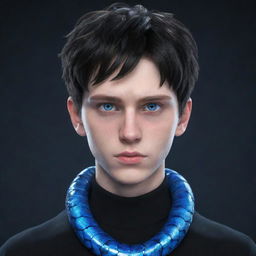 A 3D render of a serious teenage boy in an animated style, dressed in black aesthetic attire, with intense blue eyes and an ice snake spiralling around his neck.