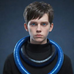 A 3D render of a serious teenage boy in an animated style, dressed in black aesthetic attire, with intense blue eyes and an ice snake spiralling around his neck.