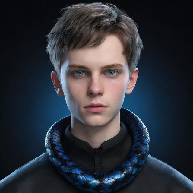 A 3D render of a serious teenage boy in an animated style, dressed in black aesthetic attire, with intense blue eyes and an ice snake spiralling around his neck.