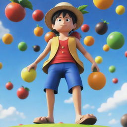 Roblox styled character, resembling Luffy from One Piece, standing with his back towards the viewer, gazing up at a sky filled with colorful, floating fruits.