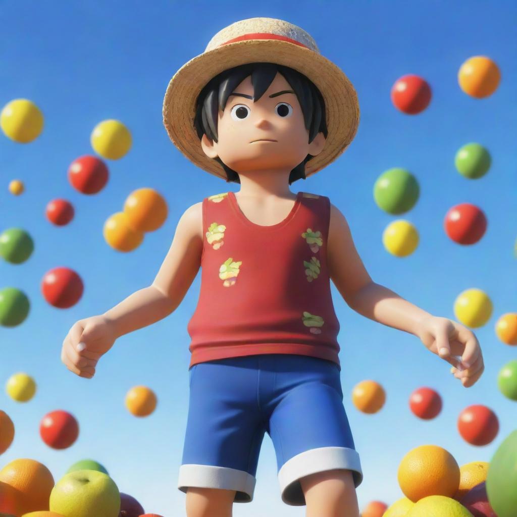 Roblox styled character, resembling Luffy from One Piece, standing with his back towards the viewer, gazing up at a sky filled with colorful, floating fruits.