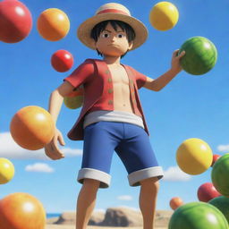 Roblox styled character, resembling Luffy from One Piece, standing with his back towards the viewer, gazing up at a sky filled with colorful, floating fruits.