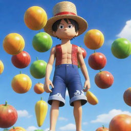 Roblox styled character, resembling Luffy from One Piece, standing with his back towards the viewer, gazing up at a sky filled with colorful, floating fruits.