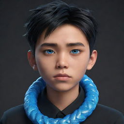 A 3D animated depiction of a serious Filipino teenage boy, donned in black aesthetic wear, showcasing intense blue eyes, with an icy serpent twisted around his neck.