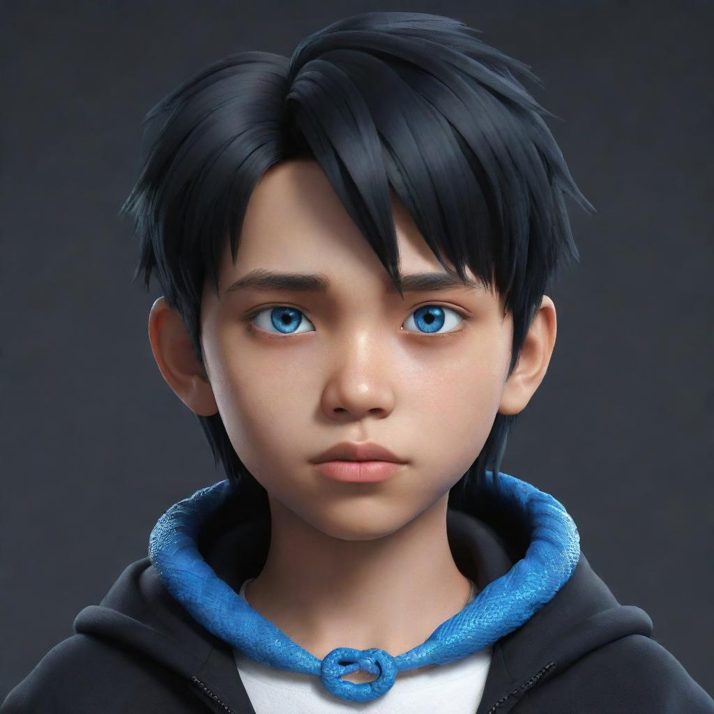 A 3D animated depiction of a serious Filipino teenage boy, donned in black aesthetic wear, showcasing intense blue eyes, with an icy serpent twisted around his neck.