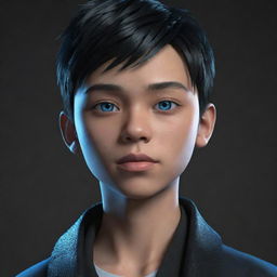 A 3D animated depiction of a serious Filipino teenage boy, donned in black aesthetic wear, showcasing intense blue eyes, with an icy serpent twisted around his neck.