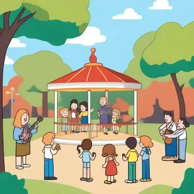 In the animated TV series, the characters often gather around the bandstand in the park for a fun concert.