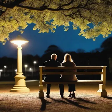 The couple sat together on a bench near the bandstand, enjoying a romantic serenade under the moonlight.