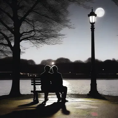The couple sat together on a bench near the bandstand, enjoying a romantic serenade under the moonlight.