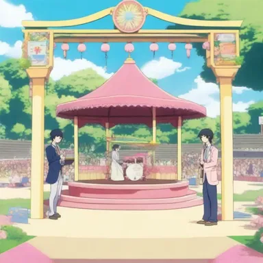 In the anime episode, the main characters attended a summer festival where a band performed on a beautifully decorated bandstand.