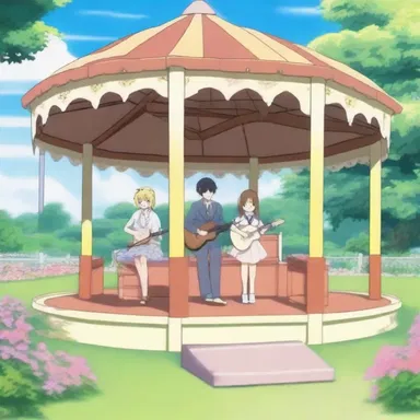 In the anime episode, the main characters attended a summer festival where a band performed on a beautifully decorated bandstand.
