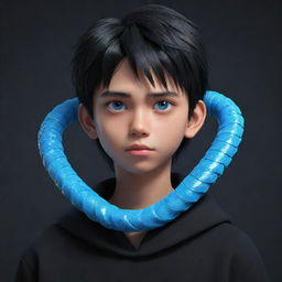 A 3D animated depiction of a serious Filipino teenage boy, donned in black aesthetic wear, showcasing intense blue eyes, with an icy serpent twisted around his neck.