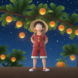 Depict the previous Roblox-styled Luffy scene at night-time, now the sky filled with glowing, luminescent fruits lighting up the night sky.