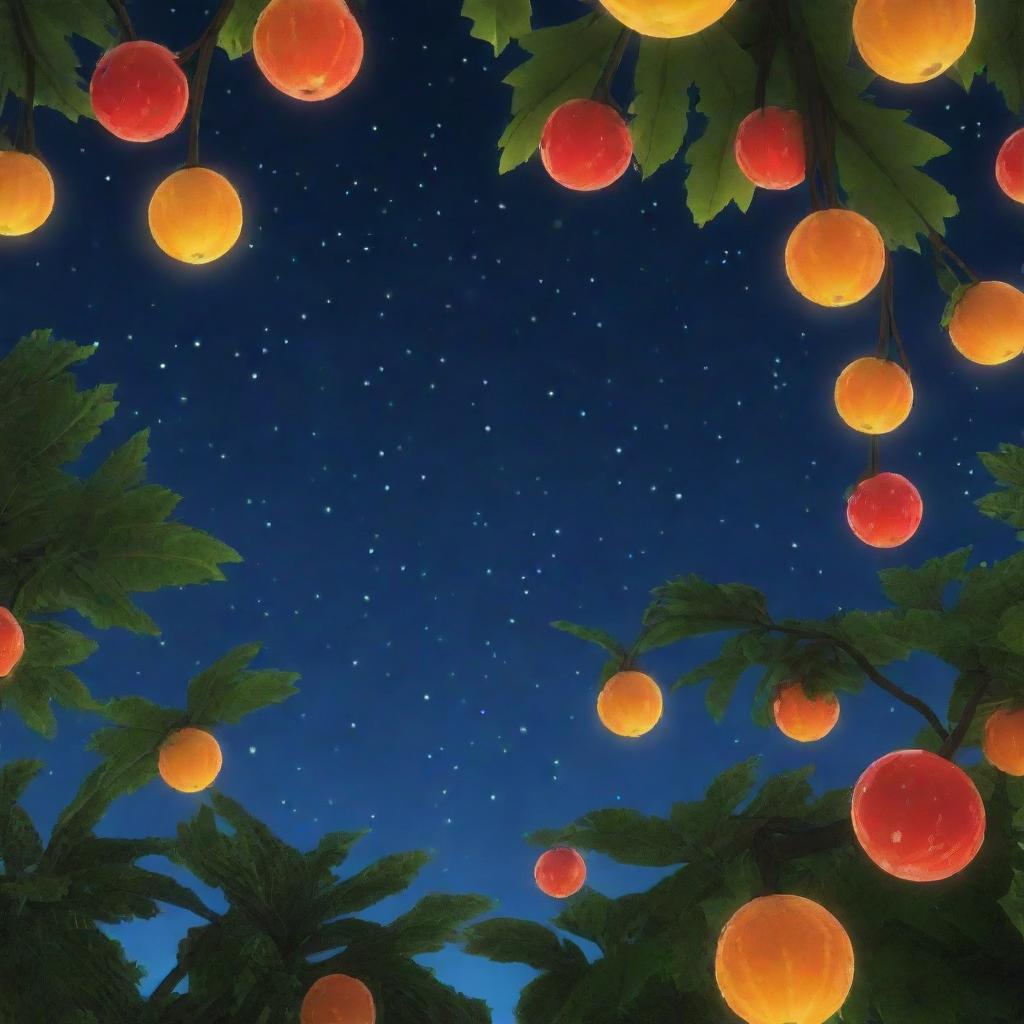 Depict the previous Roblox-styled Luffy scene at night-time, now the sky filled with glowing, luminescent fruits lighting up the night sky.