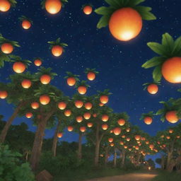 Depict the previous Roblox-styled Luffy scene at night-time, now the sky filled with glowing, luminescent fruits lighting up the night sky.