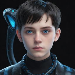 A 3D animation of a serious teenage boy, attired in black aesthetic clothing, features captivating blue robotic eyes and a snake formed from ice coiled around his neck.