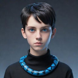 A 3D animation of a serious teenage boy, attired in black aesthetic clothing, features captivating blue robotic eyes and a snake formed from ice coiled around his neck.