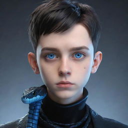 A 3D animation of a serious teenage boy, attired in black aesthetic clothing, features captivating blue robotic eyes and a snake formed from ice coiled around his neck.